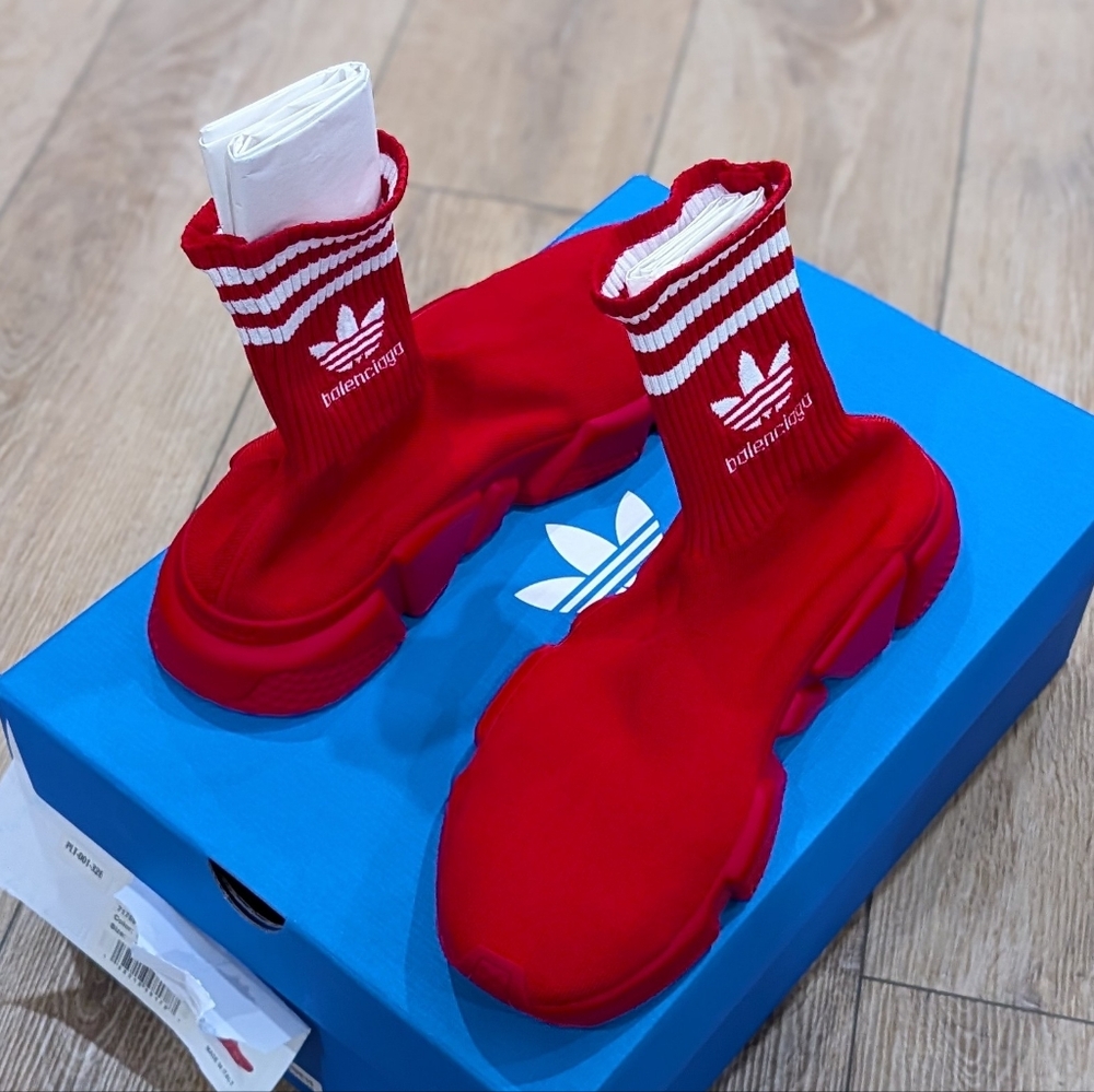 $995 Men's Balenciaga x Adidas Speed Knit Sock Sneakers Red/White 43 US 10 - Picture 1 of 9